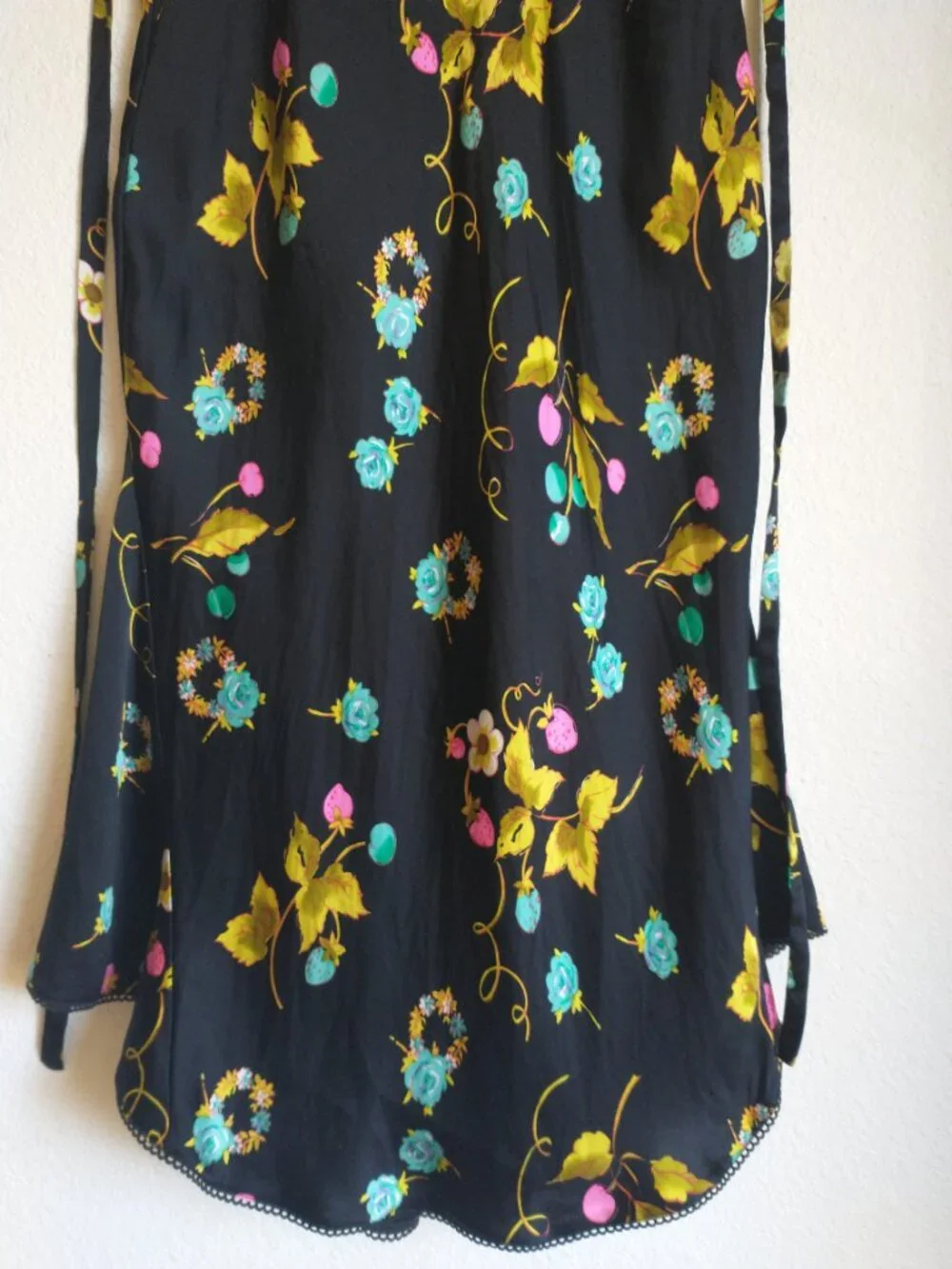 VTG 90s Betsey Johnson Black Silk Cherry Strawberry Floral Fruit Slip Midi Dress